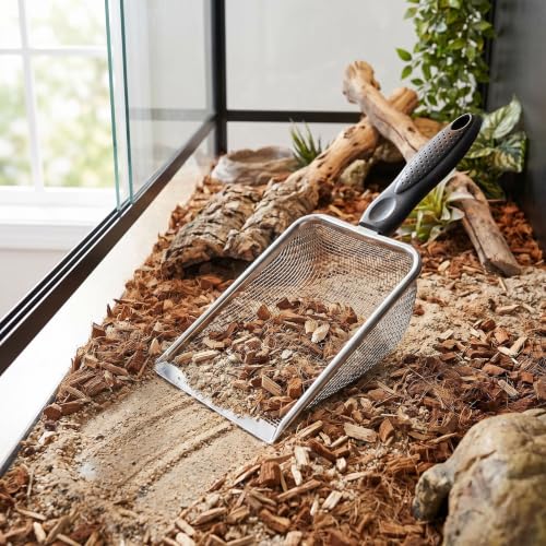 FOMIYES 2pcs Stainless Steel Substrate Scoop for Reptile and Fish Tanks, Mesh Litter Scoop with Streamlined Antislip Handle, Arc Shape for Easy Cleaning and Reaches Tank Corners