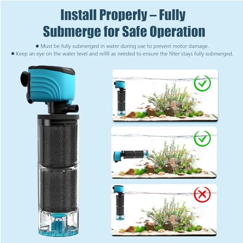 Submersible Aquarium Filter, Upgraded 50-150 Gallon Fish Tank Filter with Fish Guard, Internal Whisper Pump for Turtle Tank, Fresh/Saltwater, Debris Tray, Check Valve, 12-Inch