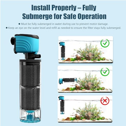 Submersible Aquarium Filter, Upgraded 50-150 Gallon Fish Tank Filter with Fish Guard, Internal Whisper Pump for Turtle Tank, Fresh/Saltwater, Debris Tray, Check Valve, 12-Inch