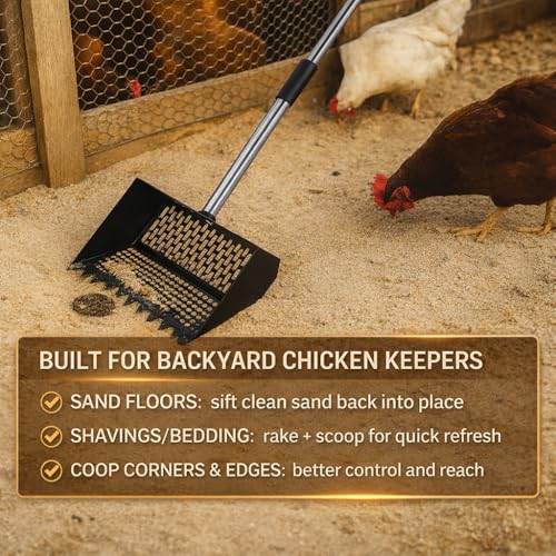 Chicken Poop Scooper & Rake 3-in-1, Adjustable Long Handle (32–63"), 12" Wide Dual-Mesh Sifting Shovel + Mini Fine-Mesh Sifter Scoop, Stainless Steel Coop Litter Scoop for Sand/Shavings/Pellets