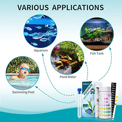 Umlecoa 7 in 1 Aquarium Test Kit for Freshwater and Saltwater - 125 Aquarium Test Strips with Test Tube & Thermometer - Fast & Accurate Water Testing Strips for Aquarium/Pond/Pool - size: 7 IN 1