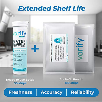Water Hardness Test Kit - Water Testing Kit for Home, Drinking, Well, Spa, Swimming Pool, Softener, Dishwasher & More - Hard Water Test Strips for Calcium, Magnesium etc (0-425 pmm, 150 Strips)