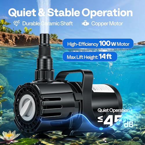 VIVOHOME 100W Pond Pump, 700-1800GPH Adjustable Flow Submersible Water Pump | Stepless Flow Control, 14ft Max Lift, 180° Seamless Adjustable Nozzle, Barrier Pump Bag, 20ft Power Cord - size: 700-1800GPH