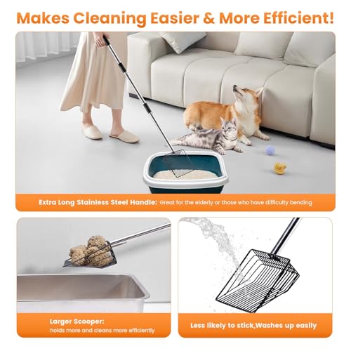 Cat Litter Scoop 43 inch Metal Litter Scooper with Stainless Steel Long Handle, Upgraded Large Kitty Box Scooper Heavy Duty Deep Shovel for Fast Sifting, Dog Waste Scooops for Outside Pet Poop