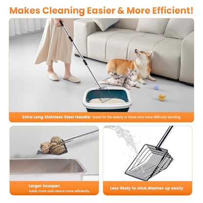 Cat Litter Scoop 43 inch Metal Litter Scooper with Stainless Steel Long Handle, Upgraded Large Kitty Box Scooper Heavy Duty Deep Shovel for Fast Sifting, Dog Waste Scooops for Outside Pet Poop