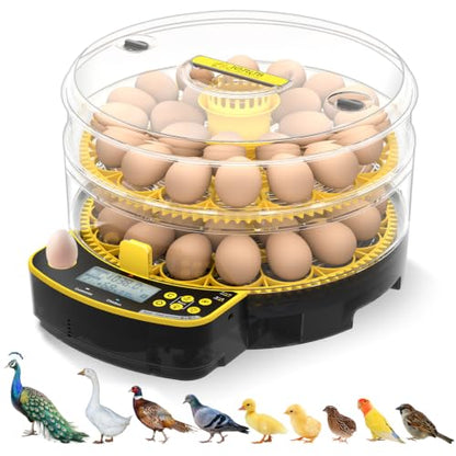 JUJOJB 48 Egg Incubator for Hatching Eggs, Double-Layer Auto Turner & Temp | Temperature control, humidity, auto turner, candler. Fits 48 chicken, duck, quail, turkey, pheasant, guinea, parrot eggs. - color: Yellow
