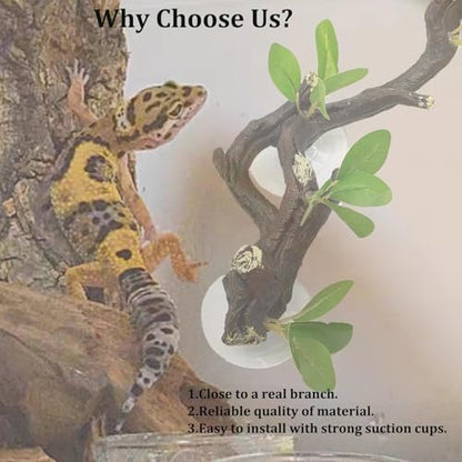 PINVNBY 2 PCS Reptile Corner Branch Terrarium Plant Decoration Branches for Reptiles with Suction Cup for Amphibian Lizard Snake Climbing Ornament