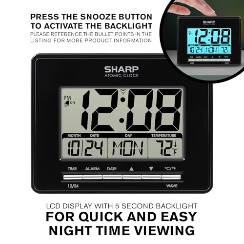 Sharp Atomic Digital Alarm Clock | Auto Set, Time Display, Date Display, Temperature Display