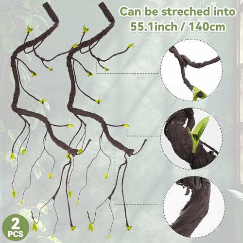 2PCS 55.1inch Bendable Thick Artificial Tree Branches Long Flexible Branch with Leaves Fake Thick Trunk Vine Stems for Wall Hanging Reptile Climbing Indoor Outdoor Arch Home Garden Decor