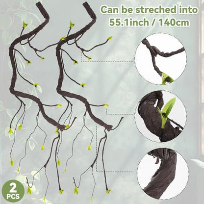 2PCS 55.1inch Bendable Thick Artificial Tree Branches Long Flexible Branch with Leaves Fake Thick Trunk Vine Stems for Wall Hanging Reptile Climbing Indoor Outdoor Arch Home Garden Decor