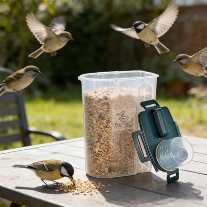 2 Pcs 3.17 Qt/3 L Bird Seed Storage Container Airtight- Portable Bird Food Container with Airtight Measuring Cup, Clear Pet Parrot Seed Dispenser for Birds Food Chicken Feed Storage, Blue Lid
