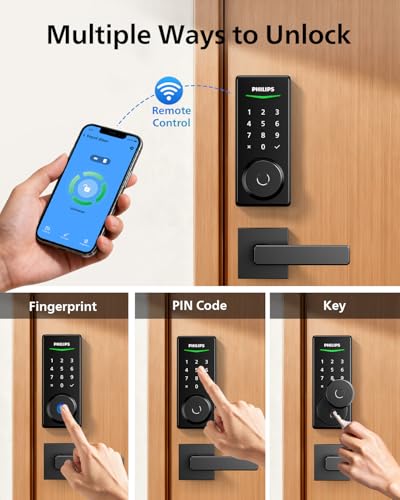 Philips Wi-Fi Smart Door Lock, Fingerprint Door Lock | APP Remote Unlock, Alexa Google Voice, 100 User Codes, Anti-Peep, Backlit Touchscreen, Waterproof, Includes 8 Batteries - color: Matte Black