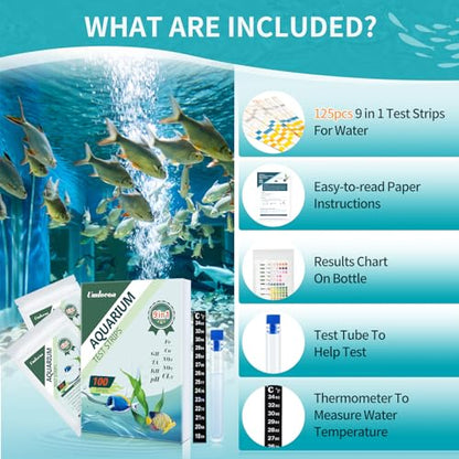 Umlecoa 9 in 1 Aquarium Test Kit for Freshwater and Saltwater - 100 Aquarium Test Strips with Test Tube & Thermometer - Fast & Accurate Water Testing Strips for Aquarium/Pond/Pool - size: 9 IN 1