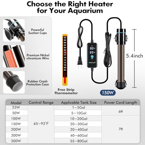 Orlushy Submersible Aquarium Heater, Fish Tank Heater with Free Thermometer for Freshwater and Saltwater Tank - size: R150