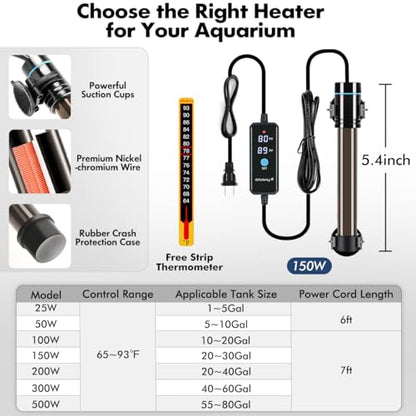 Orlushy Submersible Aquarium Heater, Fish Tank Heater with Free Thermometer for Freshwater and Saltwater Tank - size: R150
