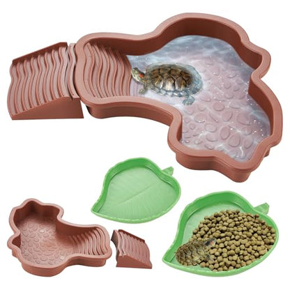 3PCS Tortoise Water Dish with Leaf Reptile Food Dish, Reddish | Anti-slip Reptile Bathing Pool with Ramp, Smooth Tortoise Water Dish Turtle Pool for Lizard Gecko Snake Frog Amphibians - color: Reddish Brown