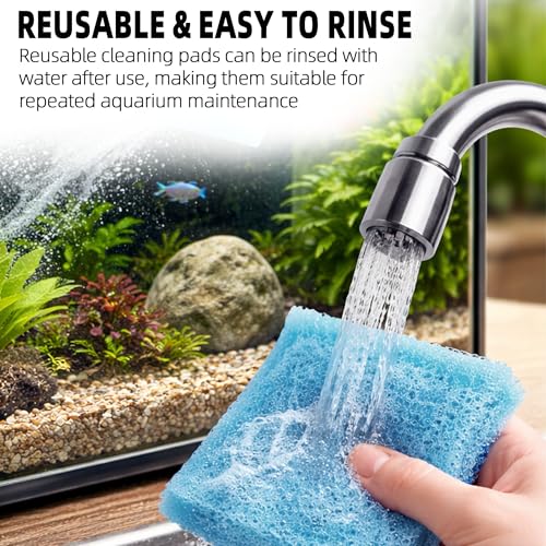 Aquarium Glass Cleaning Sponge 6-Pack (3.25" x 3.25" x 1") | Non-Scratch Aquarium Cleaner for Fish & Turtle Tanks, Reusable Blue Cleaning Sponge - Blue
