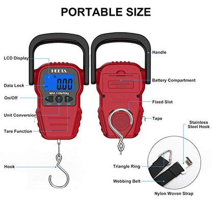 HEETA Fish Scale Digital Fishing Luggage Weight Scale with Measuring Tape | Up 110lb/50kg Portable Hanging Scale with Backlit LCD Display for Home Farm Outdoor Hunting Fishing, 2 AAA Batteries Included - color: Red