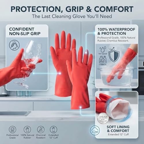 ForPro Natural Rubber Gloves, 6 Pairs Reusable Multi-Purpose Household Cleaning Gloves with Soft Inner Lining, Waterproof & Chemical-Resistant, Wild Cherry, Small - color: Wild Cherry, size: Small