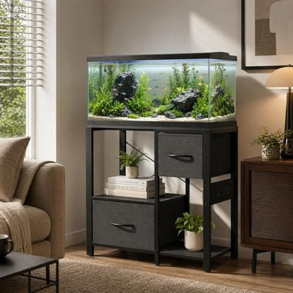 IDEALHOUSE 20-37 Gallon Fish Tank Stand, 80cm Industrial Metal Aquarium Stand with 2 Drawers, Heavy Duty Reptile Tank Stand with Storage Shelves, Black Finish