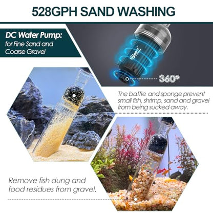 hygger Electric Aquarium Gravel Cleaner, 528GPH Fish Tank Vacuum, 5-in-1 Automatic Sand Washer Water Changer Cleaning Kit for Freshwater Saltwater, Adjustable Length Handle Tube,Hose, Clamp