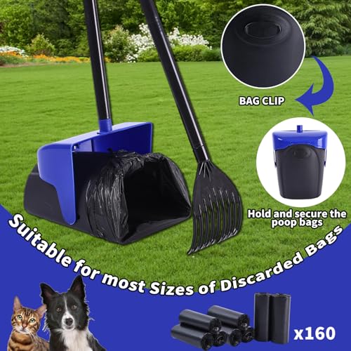 Pooper Scooper Large Swivel Bin & Rake with 160 Waste Bags,Heavy Duty Dog Pooper Scooper with Bag Attachment for Large Small Dogs, Long Handle Poop Scooper with Lid for Yard, Grass, Gravel (Blue) - color: Blue1