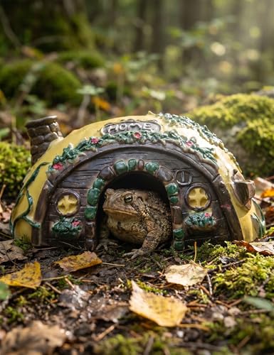 Toad House Resin Reptile Hideout Cave for Frogs Snakes | Yellow and brown half ellipsoid rock, durable habitat decor for garden indoor pet tanks, easy to clean open bottom shell