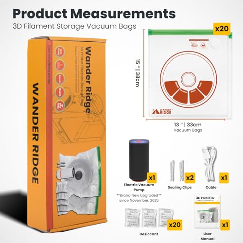 20 PCS 3D Printer Filament Storage Bags Vacuum Storage Bags Kit 3D Printer Accessories with 20 Storage Bags (13x15 inches), 20 Desiccants, Auto Pump, 2 Sealing Clips, Dust Proof, Humidity Resistant - style: 20 Bags Kit