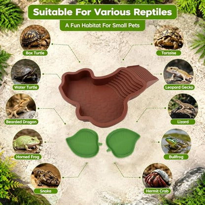 3 Pcs Aquatic & Terrestrial Reptiles Bathing Pool Set, Turtle Water Bowl | Tortoise Water Dish with Removable Ramp and 2 Pcs Feeding Dish - color: Dark Brown【1 x Water Dish, 2 x Feeding Dish】