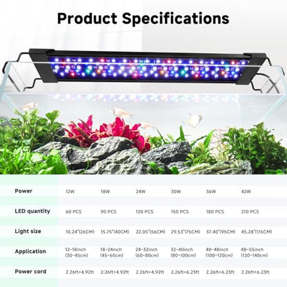 AQQA LED Aquarium Light, 24/7 & DIY Mode Full Spectrum Fish Tank Light | Adjustable Timer/Brightness, Extendable Bracket Aquarium Plant Light, Memory Function, IP68 Waterproof, for 24–32 Inch Tank - size: For 24-32 inch fish tank