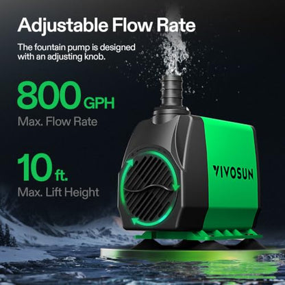 VIVOSUN 800GPH Submersible Fountain Water Pump for Pond, Aquarium, Statuary | 3000L/H, 50W, Ultra Quiet Water Pump with 10ft. High Lift and 6.5ft. Power Cord, 3 Nozzles for Hydroponics, Green - size: 7"×5"-800