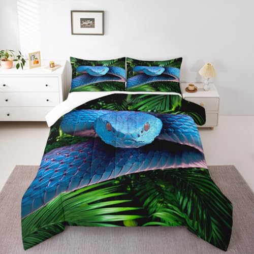 Erosebridal Snake Comforter Set Queen, Blue Snake Duvet Set, 3D Reptile Bedding Comforters, Blue Scales Quilt Set, Palm Leaf Wild Animal Stylish Quilted Duvet for Kids Boys Teens Man Bedroom Decor - color: Multi 74, size: Queen