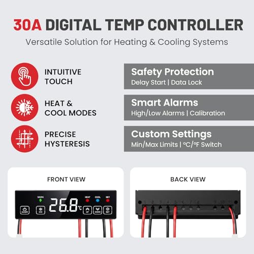 30A 120V Touchscreen Heating & Cooling Thermostat Controller | Temperature Control Switch for Garage Automation, Electric Brewery, Workshop, BBQ, ℃/℉ Switchable, 6.6 Ft Sensor Probe