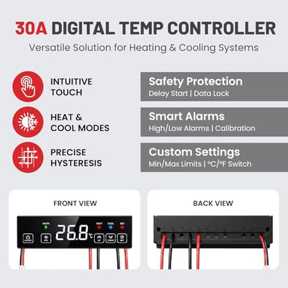 30A 120V Touchscreen Heating & Cooling Thermostat Controller | Temperature Control Switch for Garage Automation, Electric Brewery, Workshop, BBQ, ℃/℉ Switchable, 6.6 Ft Sensor Probe