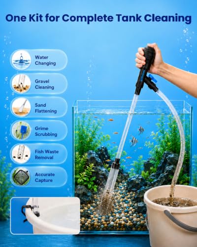 Aquarium Gravel Cleaner Kit | 80GPH Fish Tank Water Changer Tool with 6Ft Water Hose Skimmer Net Sponge Brush Sand Shovel and Tweezer for 3~8Gal Tank