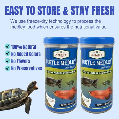 Amzey 2 Pack Aquatic Turtle Food, Vitamin, Enriched Medley Treats of Freeze, Dried Mealworms, River Shrimp & River Fishes, High Protein Turtle Medley Food for Aquatic Tortoise, 3.7 Ounce Total
