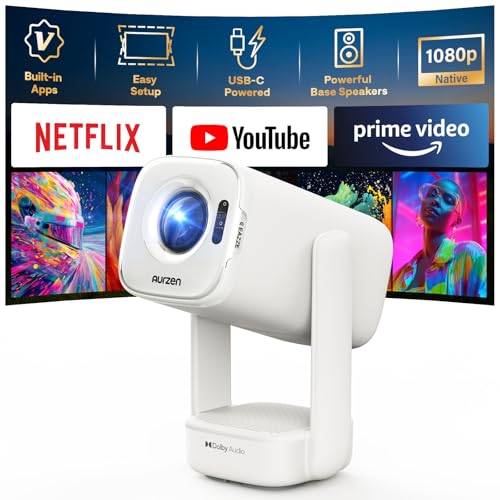 Aurzen EAZZE D1 air Smart Portable Projector, USB-C Powered, Native 1080P | Built-in Apps, HDR10, WiFi & Bluetooth, Auto Focus & Keystone, Power Bank Supported, DoIby Audio Outdoor Movie Projector