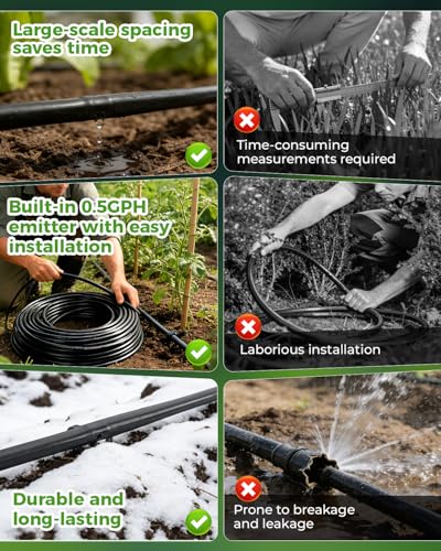 1/4" Drip Irrigation Tubing with 6" Emitter Spacing, (100 Ft Roll) Hydroponics Dripline, 1/4" Drip Irrigation Fittings Included, Built-in 0.5 GPH Dripper, Drip Line for Irrigation System (Black) - size: 100FT
