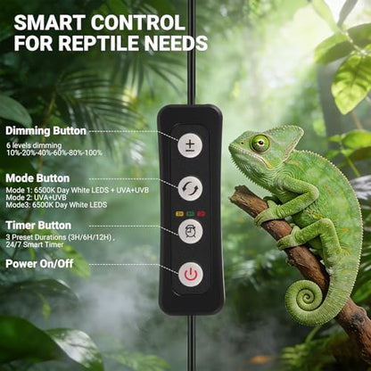 UVB Reptile Light, Dimmable UVA UVB Lamp with Timer & 3 Modes, Adjustable 5.0-20.0 Output, 6500K Daylight LED Reptile Tank Light for Bearded Dragon, Snake, Turtle, 10-40 Gallon (8 INCH) - size: 8 INCH