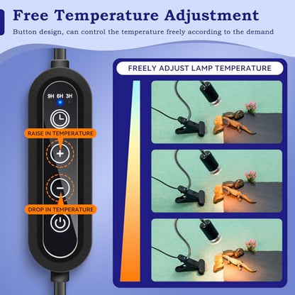 Black 50W UVB/UVA Heat Lamp with Timer for Turtles & Reptiles | 360° adjustable head with heavy-duty metal clamp; heat switch & timer. Provides basking warmth for tortoises & puppies. - color: Black