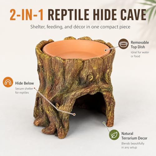Reptile Hide Cave with Removable Top Dish, Resin Tree Stump Terrarium Decor, 2-in-1 Lizard Gecko Hideout Shelter and Feeding Bowl for Small Reptiles, 5.2 x 5.2 x 5.2 in