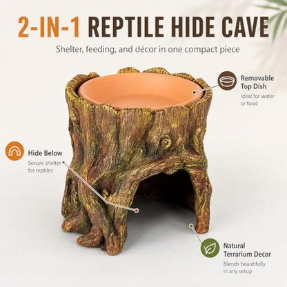 Reptile Hide Cave with Removable Top Dish, Resin Tree Stump Terrarium Decor, 2-in-1 Lizard Gecko Hideout Shelter and Feeding Bowl for Small Reptiles, 5.2 x 5.2 x 5.2 in