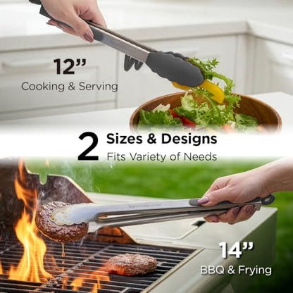 Kitchen Mama DuoEssentials Cooking Tongs Set, Metal Gray | 12" Silicone Tip & 14" Stainless Steel, BBQ Grill Tongs, Locking Ring, Heat Resistant, Non Stick & Dishwasher Safe - color: Metal Gray