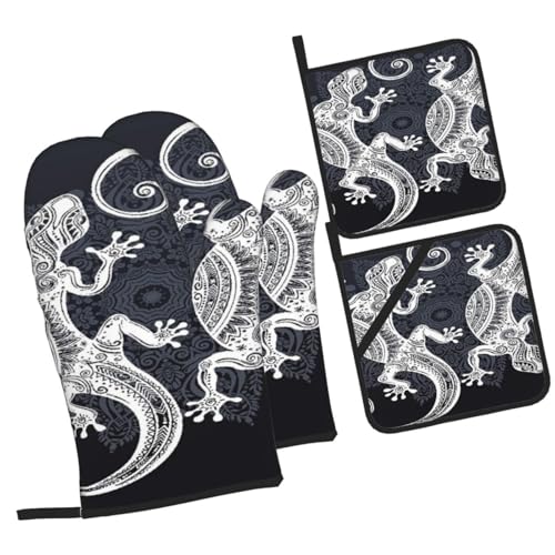 Gecko Lizard Abstract Reptile Animal Herpetology1 4-Piece Oven Mitts and Handle Covers Set - Heat Resistant Baking Gloves for Kitchen BBQ Grilling
