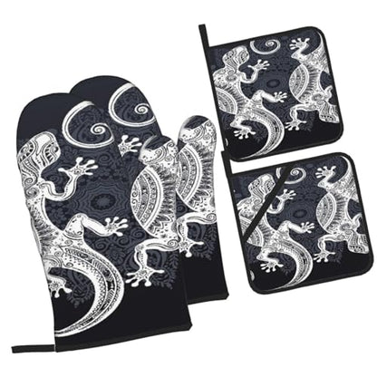 Gecko Lizard Abstract Reptile Animal Herpetology1 4-Piece Oven Mitts and Handle Covers Set - Heat Resistant Baking Gloves for Kitchen BBQ Grilling