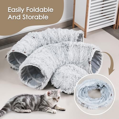 Baseola Fuzzy Cat Tunnel Bed for Indoor Cats, 2-in-1 Interactive Cat Toys | Peekaboo Cat Cave with Washable Mat, Collapsible Cat Play Tunnel for Kittens & Small Pets, Plush Cat Donut Bed Tunnel, Grey - color: Grey