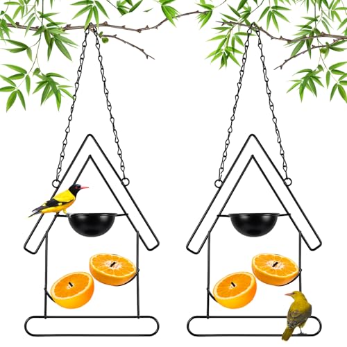 Hushee 2 Pcs Oriole Feeder for Outdoors Grape Jelly and Oranges Fruit Metal Bird Feeder Outdoor Garden Hanging Drinking Container Hummingbird Jelly for Outdoor Hanging Garden Patio(Birdhouse Shaped) - style: Birdhouse Shaped