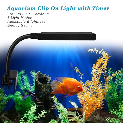 Clip On Aquarium Light with Timer for 3 to 8 Gal Fish Tank (Dimmable Full Spectrum LED) USB Moving Lamp for Open Terrarium (Adapter NOT Included), Black, DM-USBLIGHT+T02