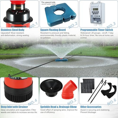 Goldlife Pond Fountain Aerator F1 1HP 750W 15000GPH Floating Fountains Pump | 110V, Red Auto Powerful Aerating Fountain Pump For Small/Large Pond Lake, Eye-Catching Water Spary, Boosts Oxygen - color: Red a