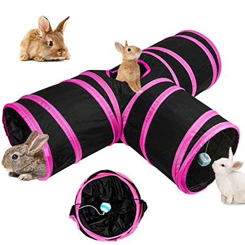 BWOGUE Bunny Tunnels & Tubes, 3-Way Collapsible Rabbit Hideout for Bunnies | Small Animal Hideout for Play, Peephole for Exploration, Ball Toy for Play, Folds Flat for Storage, Guinea Pigs and Kittens - color: Rose Red